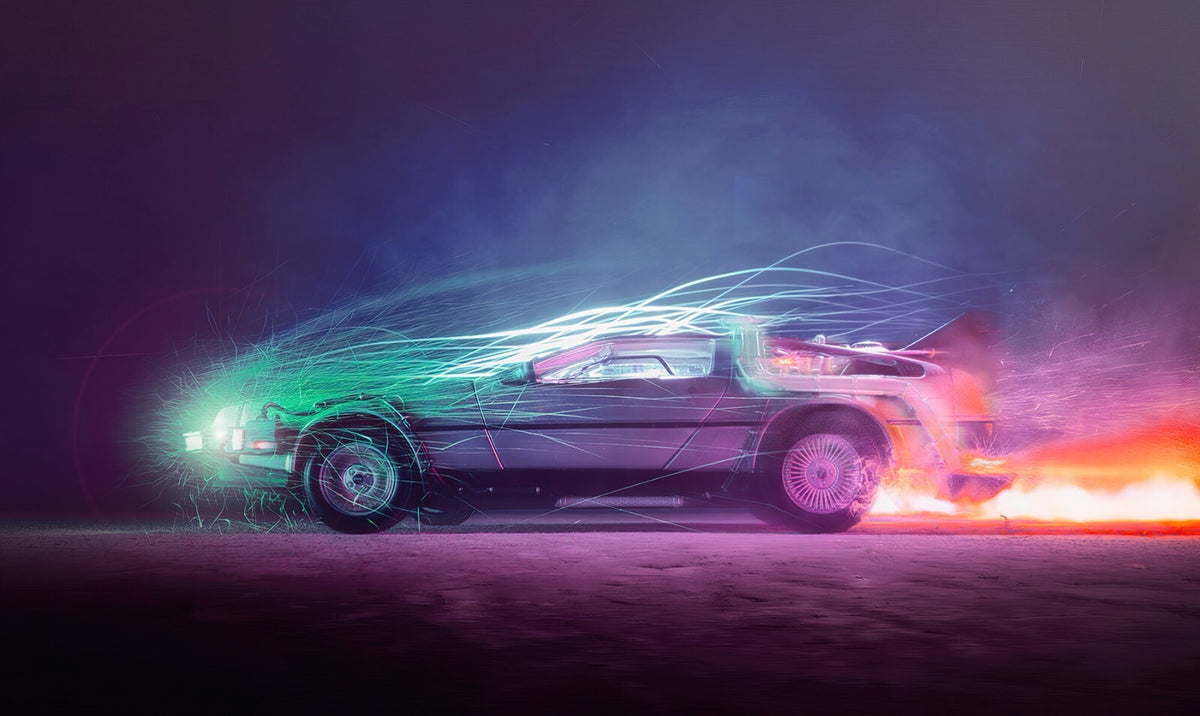 Back to the Future Movie Poster | Neon DeLorean Driving through Time - Movies & TV Poster