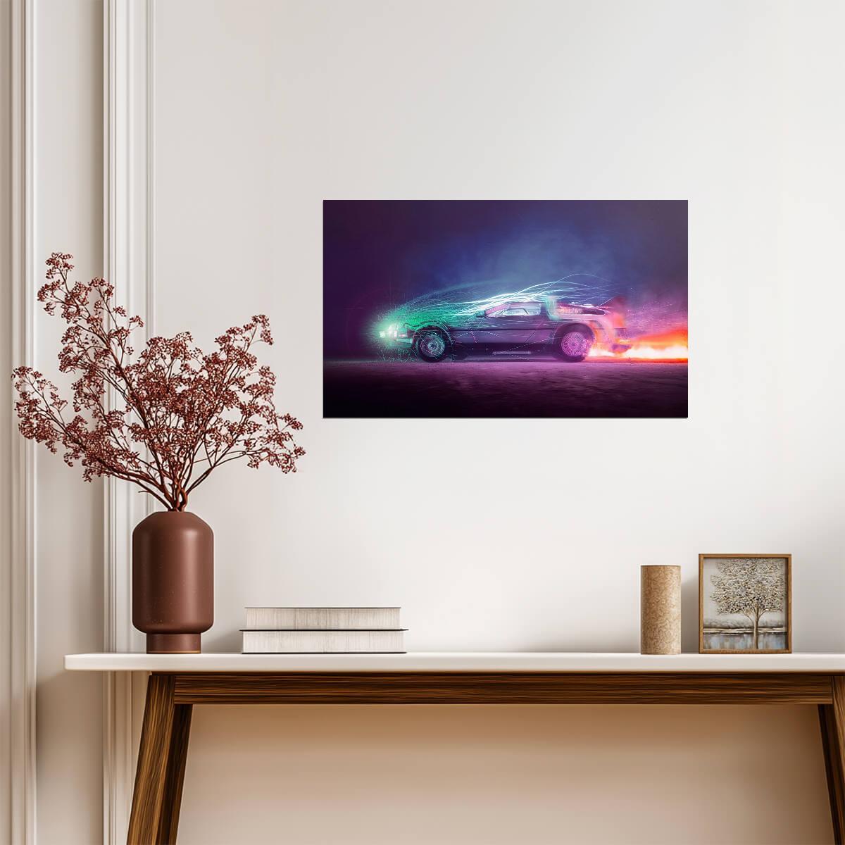 Back to the Future Movie Poster | Neon DeLorean Driving through Time - Movies & TV Poster
