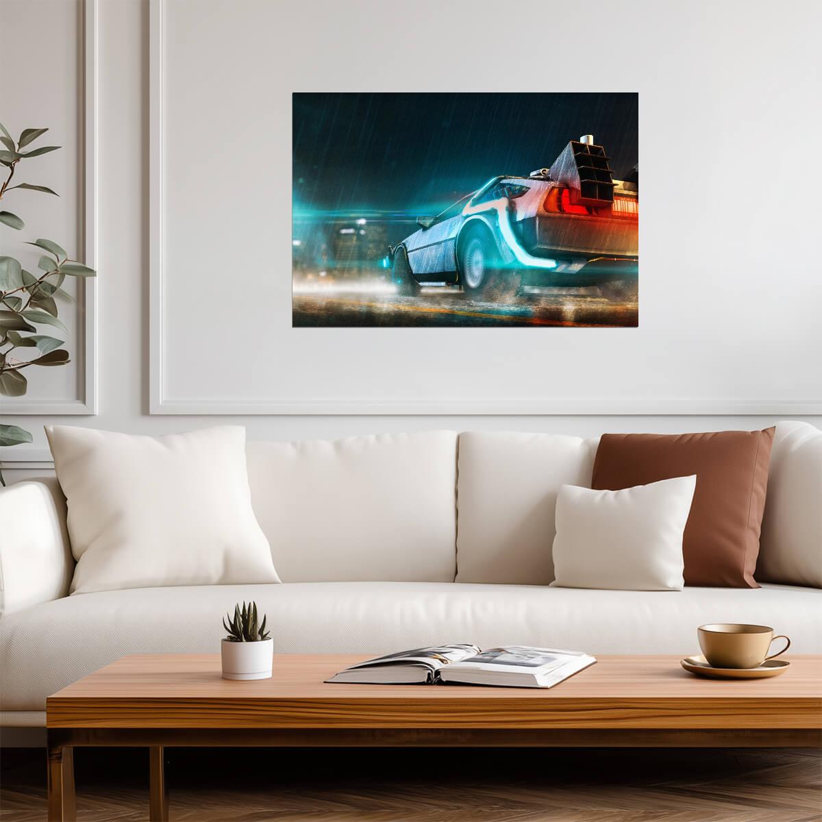 Back to the Future Movie Poster | DeLorean Tail Lights in the Rain - Movies & TV Poster