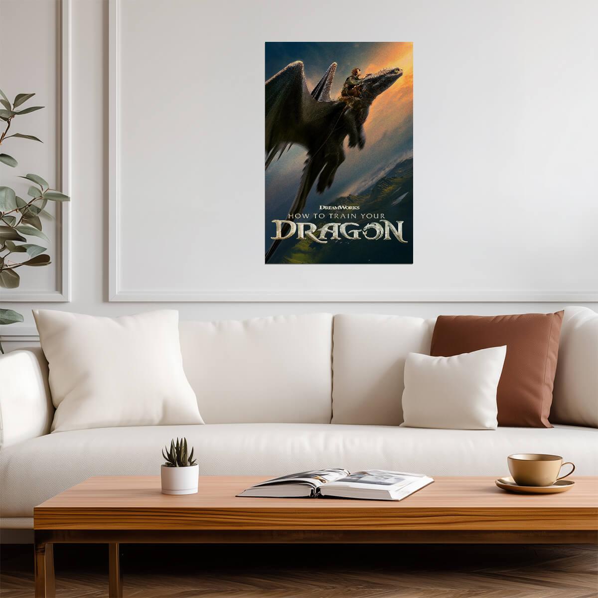 How to Train Your Dragon 2025 Movie Poster | Hiccup Riding Toothless at Sunset - Movies & TV Poster