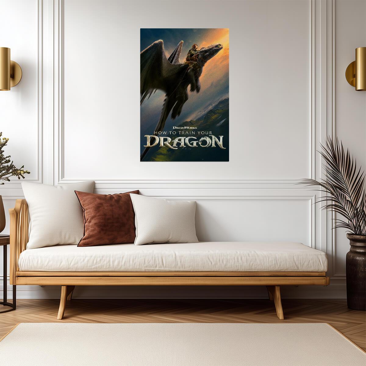 How to Train Your Dragon 2025 Movie Poster | Hiccup Riding Toothless at Sunset - Movies & TV Poster