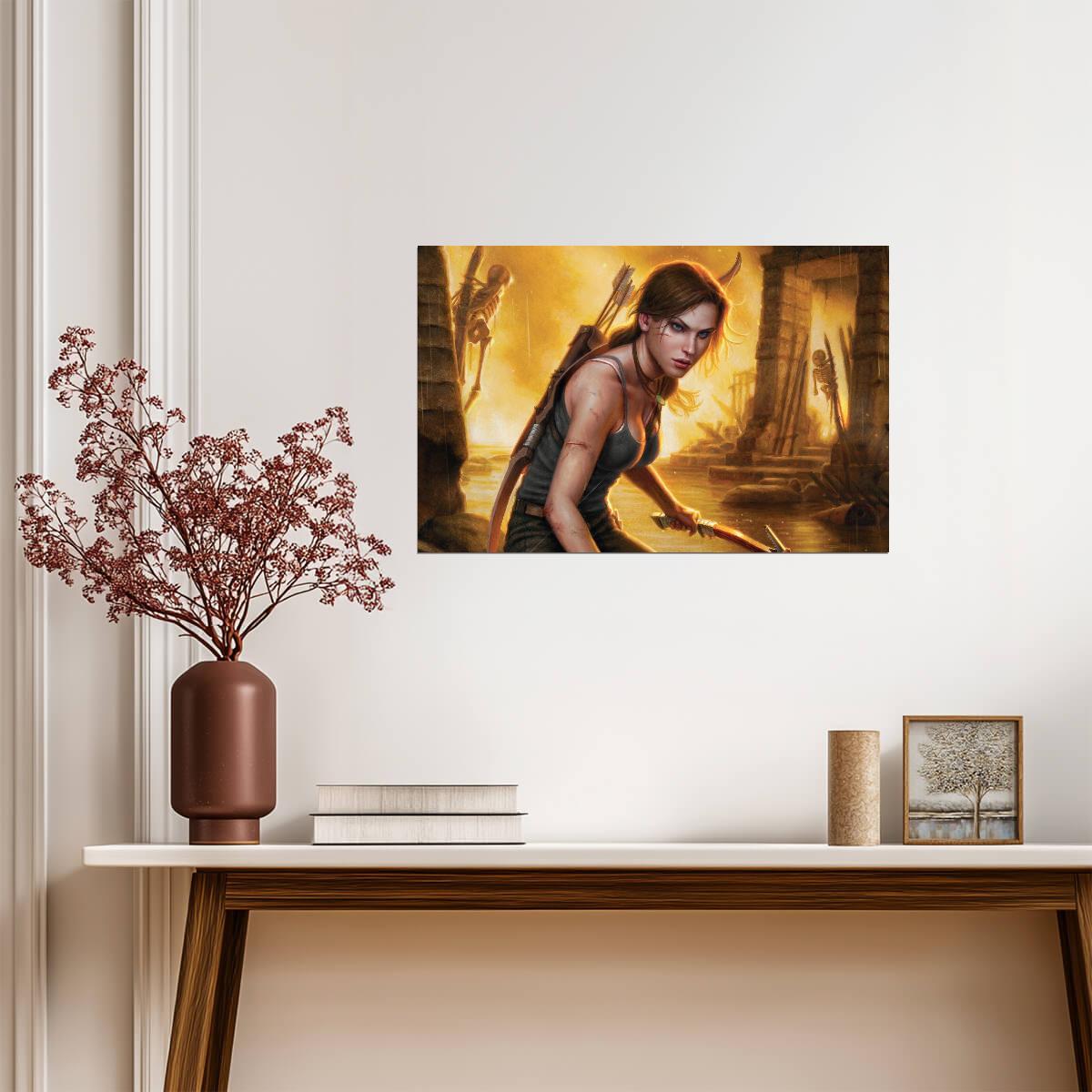 Tomb Raider Poster | Lara Croft with a Bow in a Golden Temple - Video Games Poster