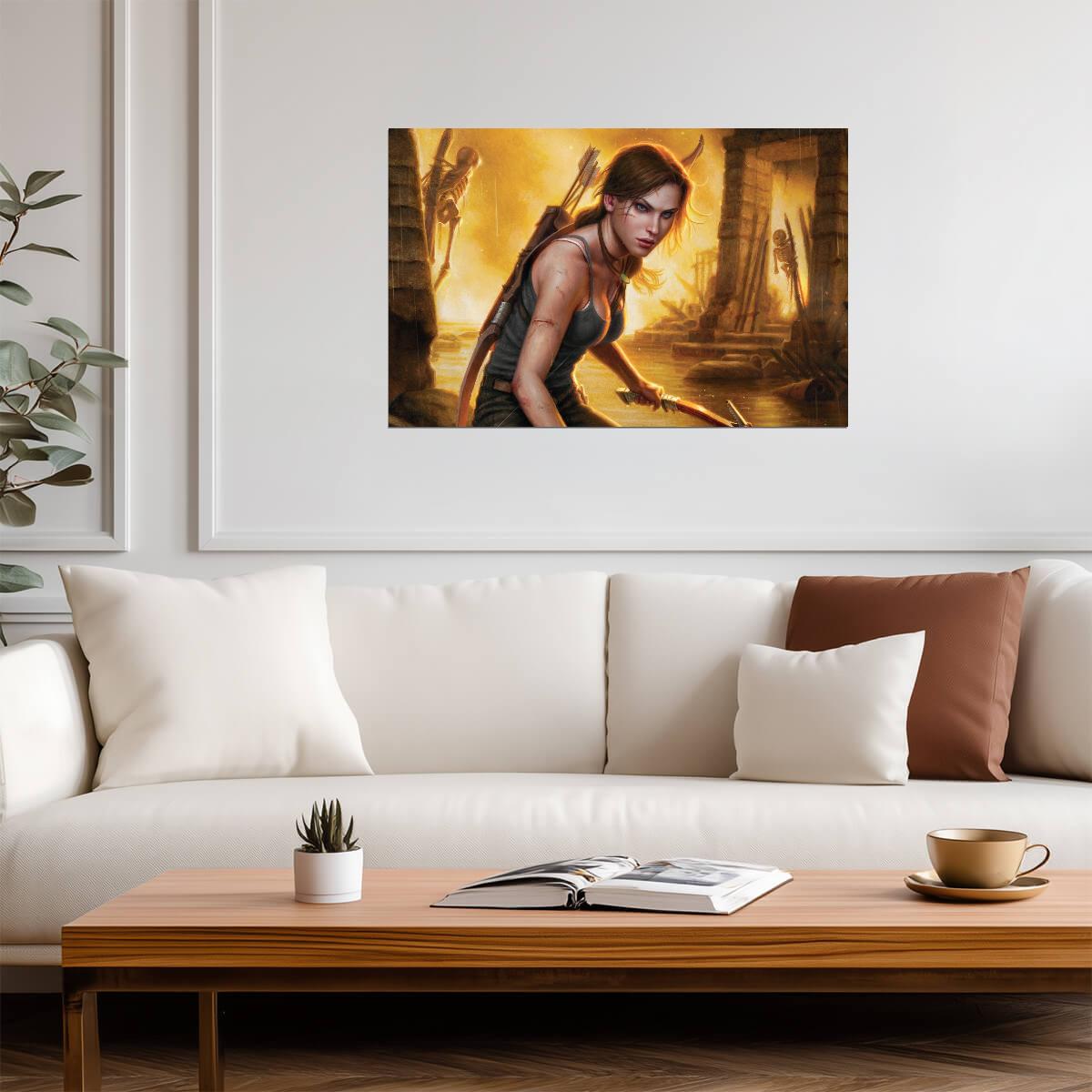 Tomb Raider Poster | Lara Croft with a Bow in a Golden Temple - Video Games Poster