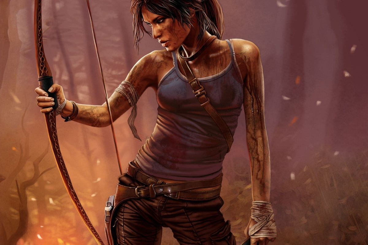 Tomb Raider Poster | Lara Croft Holding a Bow in a Misty Forest - Video Games Poster