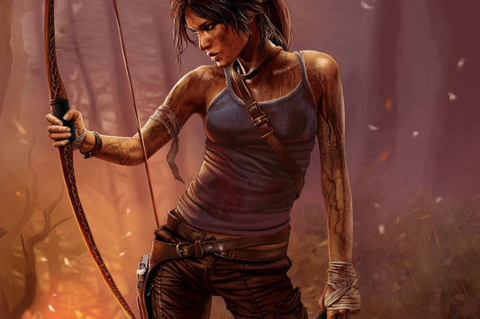 Tomb Raider Poster | Lara Croft Holding a Bow in a Misty Forest - Video Games Poster