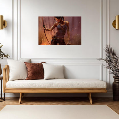 Tomb Raider Poster | Lara Croft Holding a Bow in a Misty Forest - Video Games Poster