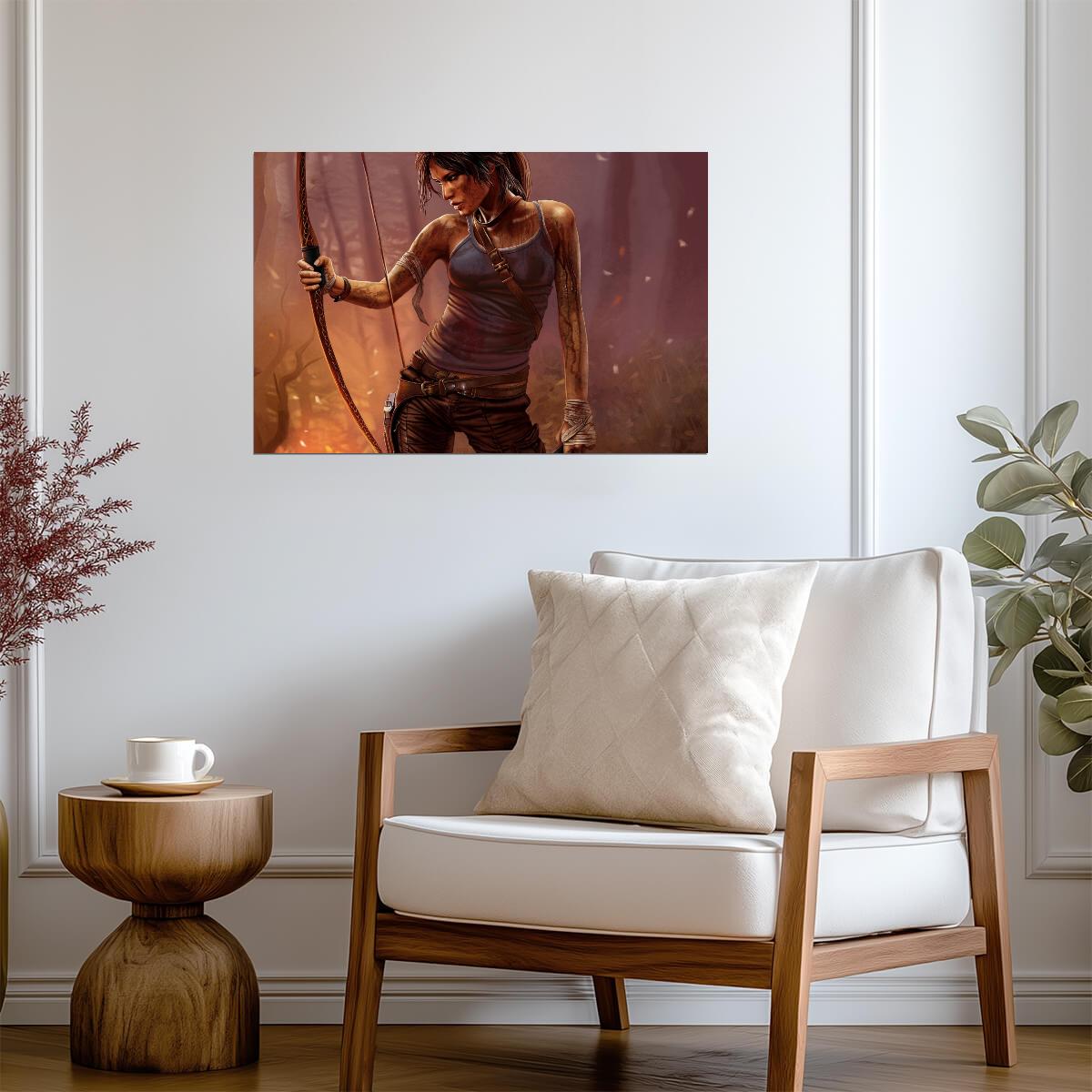 Tomb Raider Poster | Lara Croft Holding a Bow in a Misty Forest - Video Games Poster