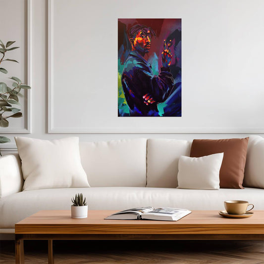 Tupac with a Gun Poster | Blue and Purple Painted Portrait - Music Poster