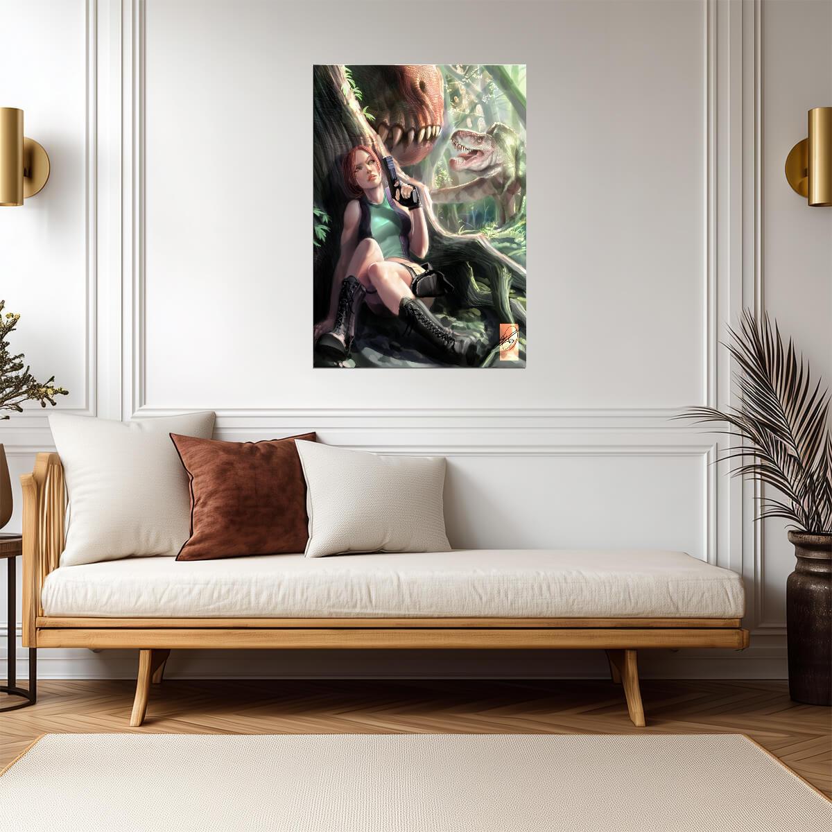 Tomb Raider Poster | Sexy Lara Croft and Dinosaurs | Pin-Up Illustration - Video Games Poster