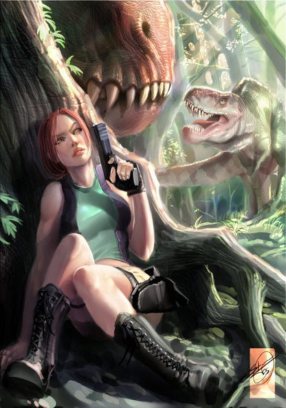 Tomb Raider Poster | Sexy Lara Croft and Dinosaurs | Pin-Up Illustration - Video Games Poster