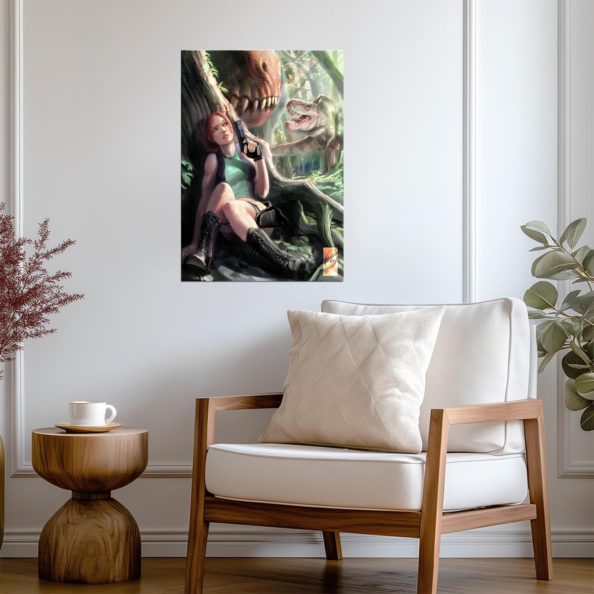 Tomb Raider Poster | Sexy Lara Croft and Dinosaurs | Pin-Up Illustration - Video Games Poster