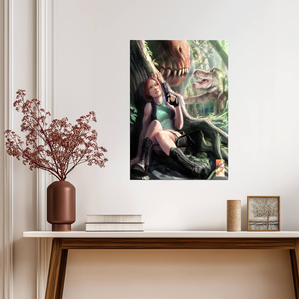 Tomb Raider Poster | Sexy Lara Croft and Dinosaurs | Pin-Up Illustration - Video Games Poster