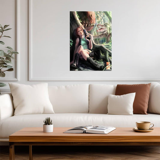 Tomb Raider Poster | Sexy Lara Croft and Dinosaurs | Pin-Up Illustration - Video Games Poster
