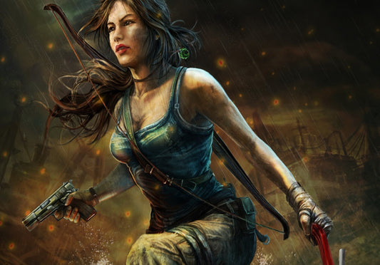 Tomb Raider Poster | Lara Croft with a Pistol in a Rainy Jungle - Video Games Poster
