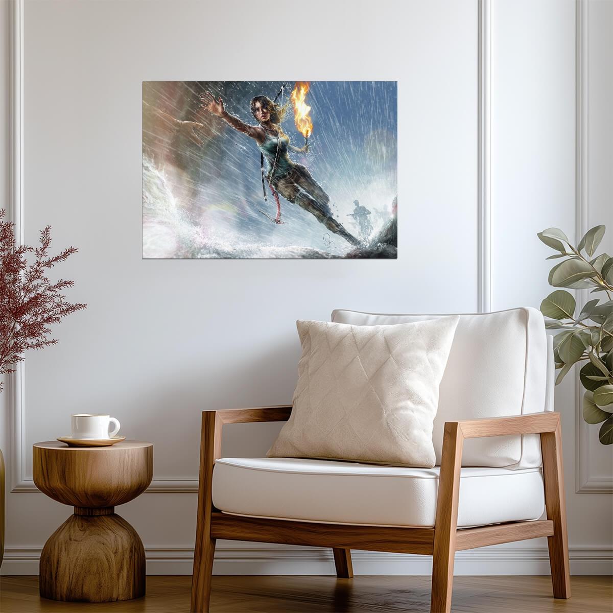 Tomb Raider Poster | Lara Croft Leaping Through Rain with a Torch - Video Games Poster
