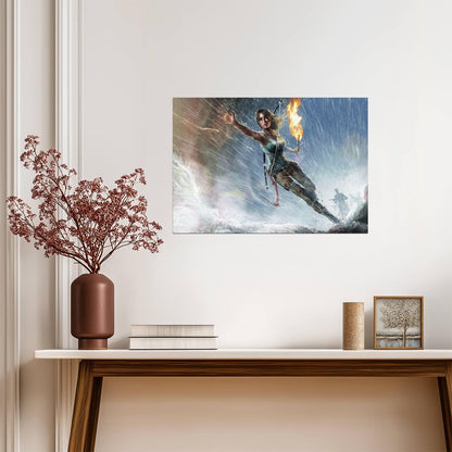 Tomb Raider Poster | Lara Croft Leaping Through Rain with a Torch - Video Games Poster