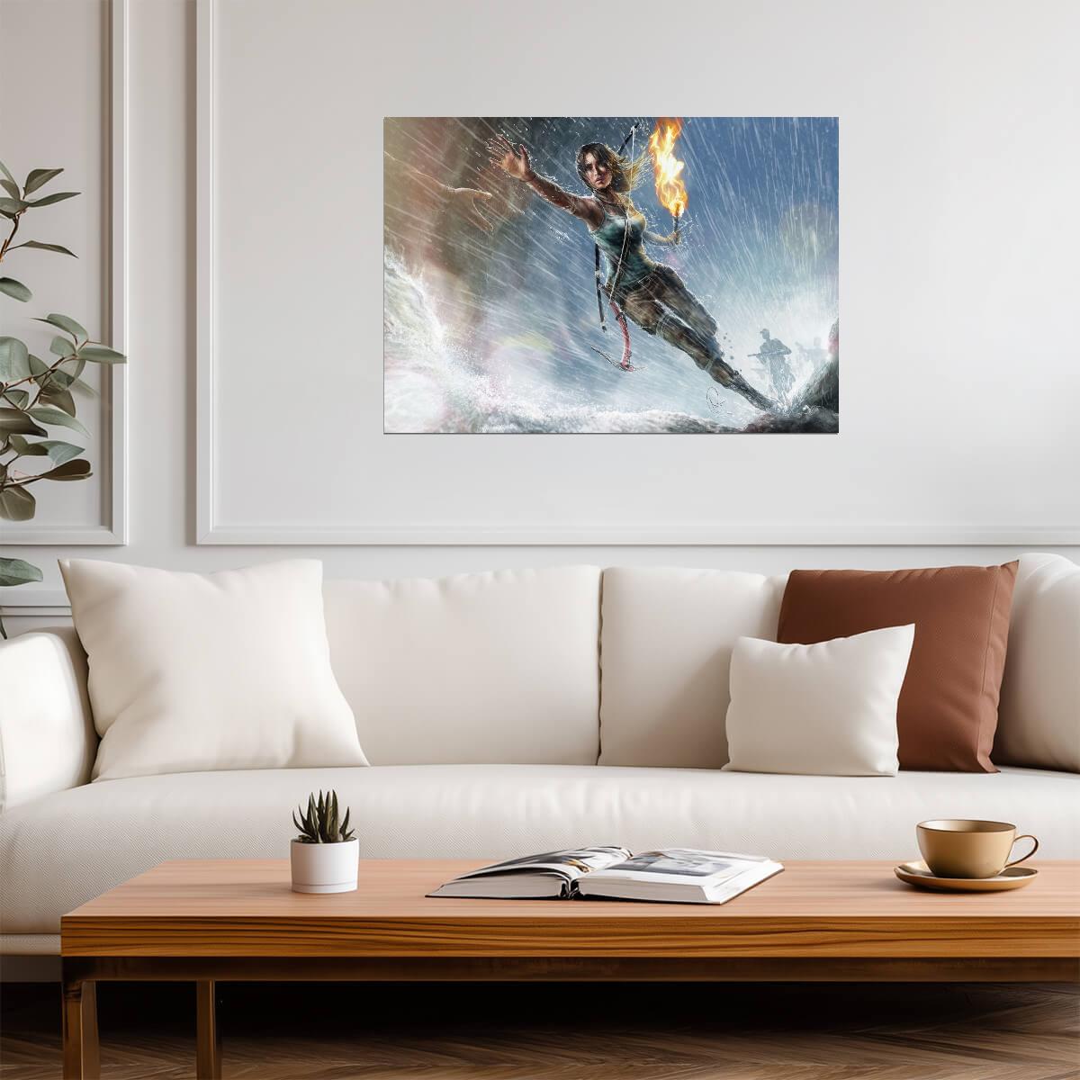Tomb Raider Poster | Lara Croft Leaping Through Rain with a Torch - Video Games Poster