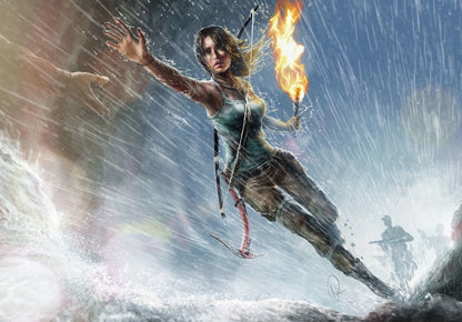 Tomb Raider Poster | Lara Croft Leaping Through Rain with a Torch - Video Games Poster