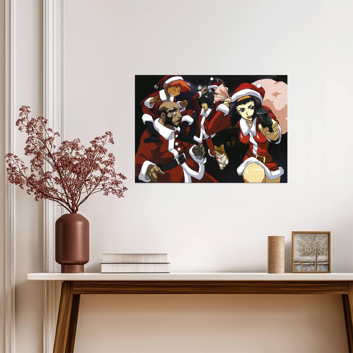 Cowboy Bebop Christmas Poster | Spike, Faye and the Crew in Santa Suits - Anime Poster
