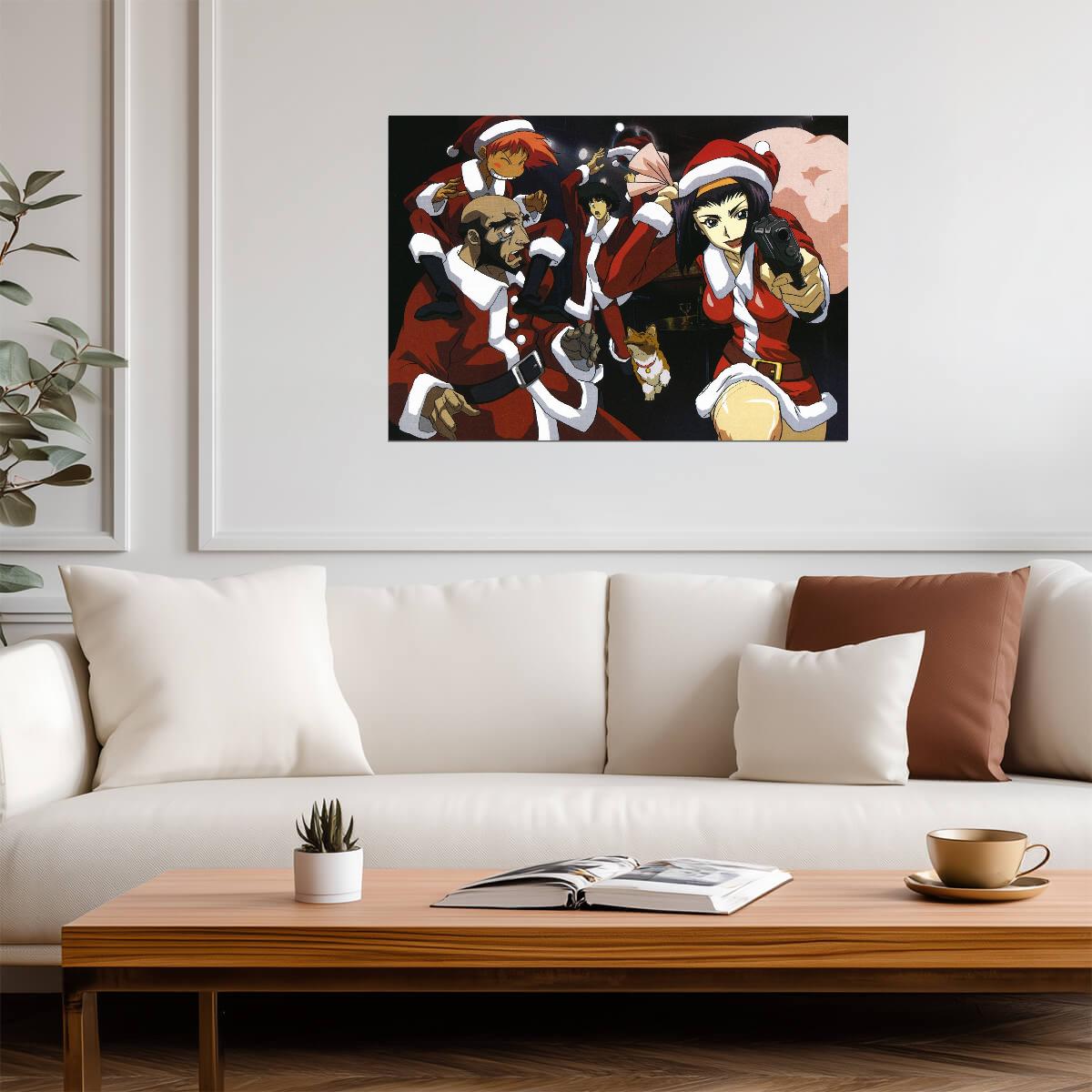 Cowboy Bebop Christmas Poster | Spike, Faye and the Crew in Santa Suits - Anime Poster