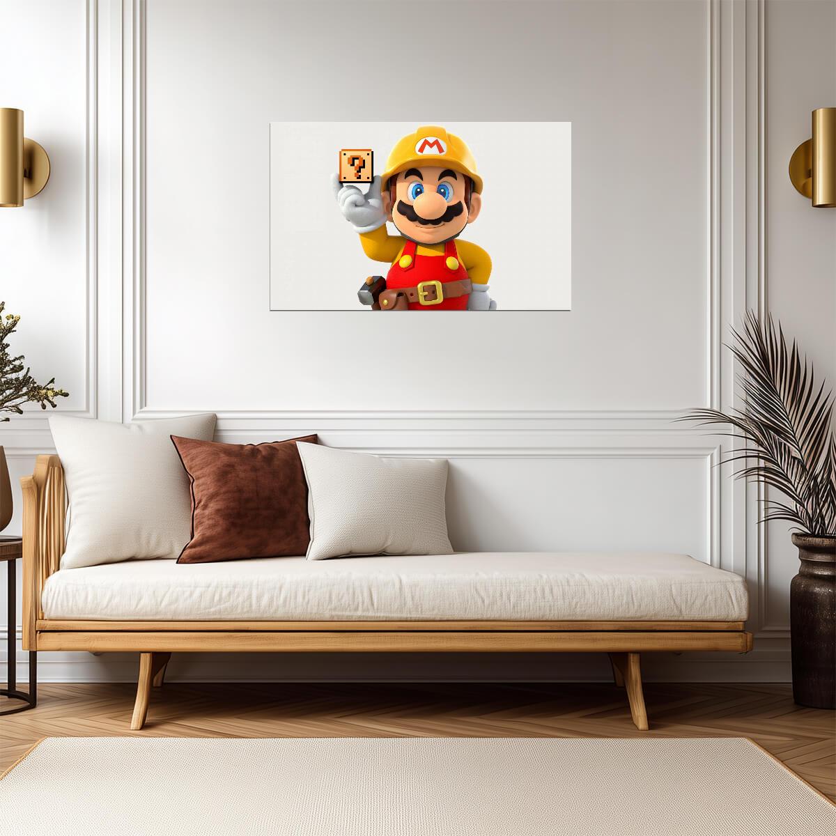 Super Mario Maker Poster | Builder Mario Holding a Question Block - Video Games Poster