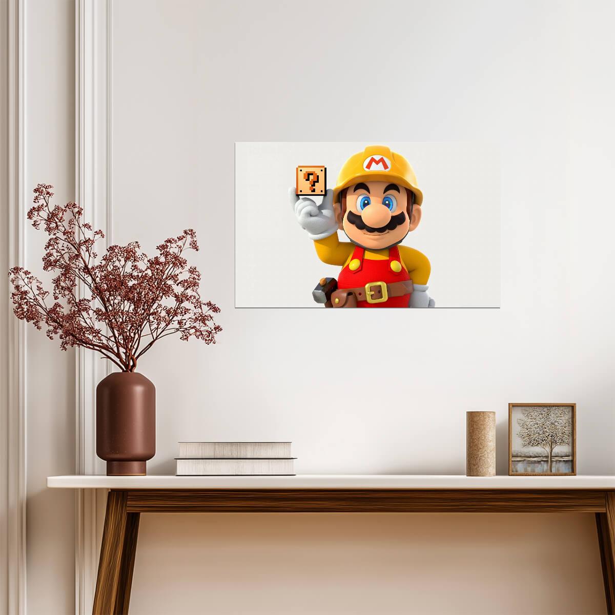 Super Mario Maker Poster | Builder Mario Holding a Question Block - Video Games Poster
