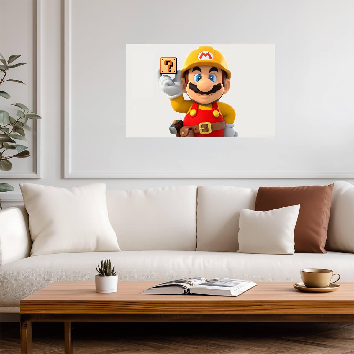 Super Mario Maker Poster | Builder Mario Holding a Question Block - Video Games Poster