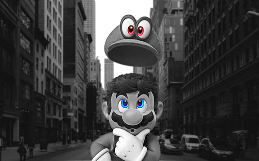 Super Mario Odyssey Poster | Mario and Cappy in a Black and White City - Video Games Poster