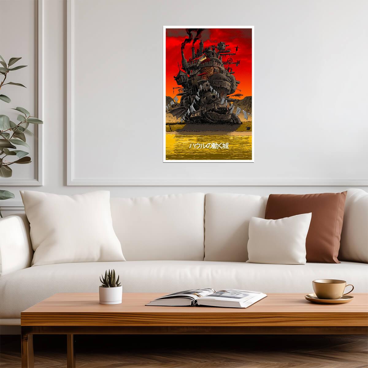 Howl's Moving Castle Movie Poster | Castle Beside a Lake Beneath a Red Sky - Anime Poster