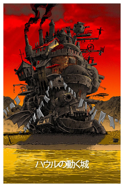 Howl's Moving Castle Movie Poster | Castle Beside a Lake Beneath a Red Sky - Anime Poster