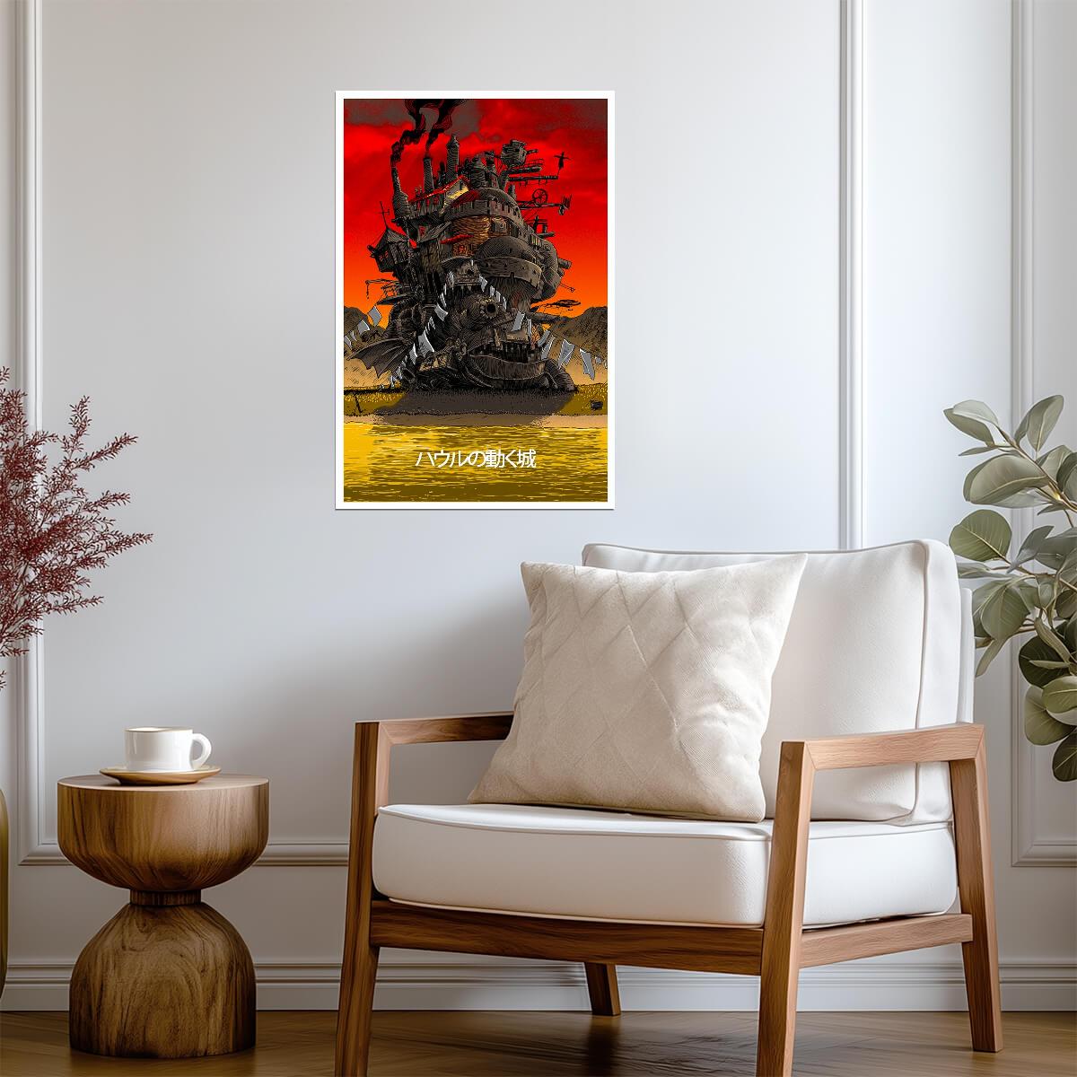 Howl's Moving Castle Movie Poster | Castle Beside a Lake Beneath a Red Sky - Anime Poster