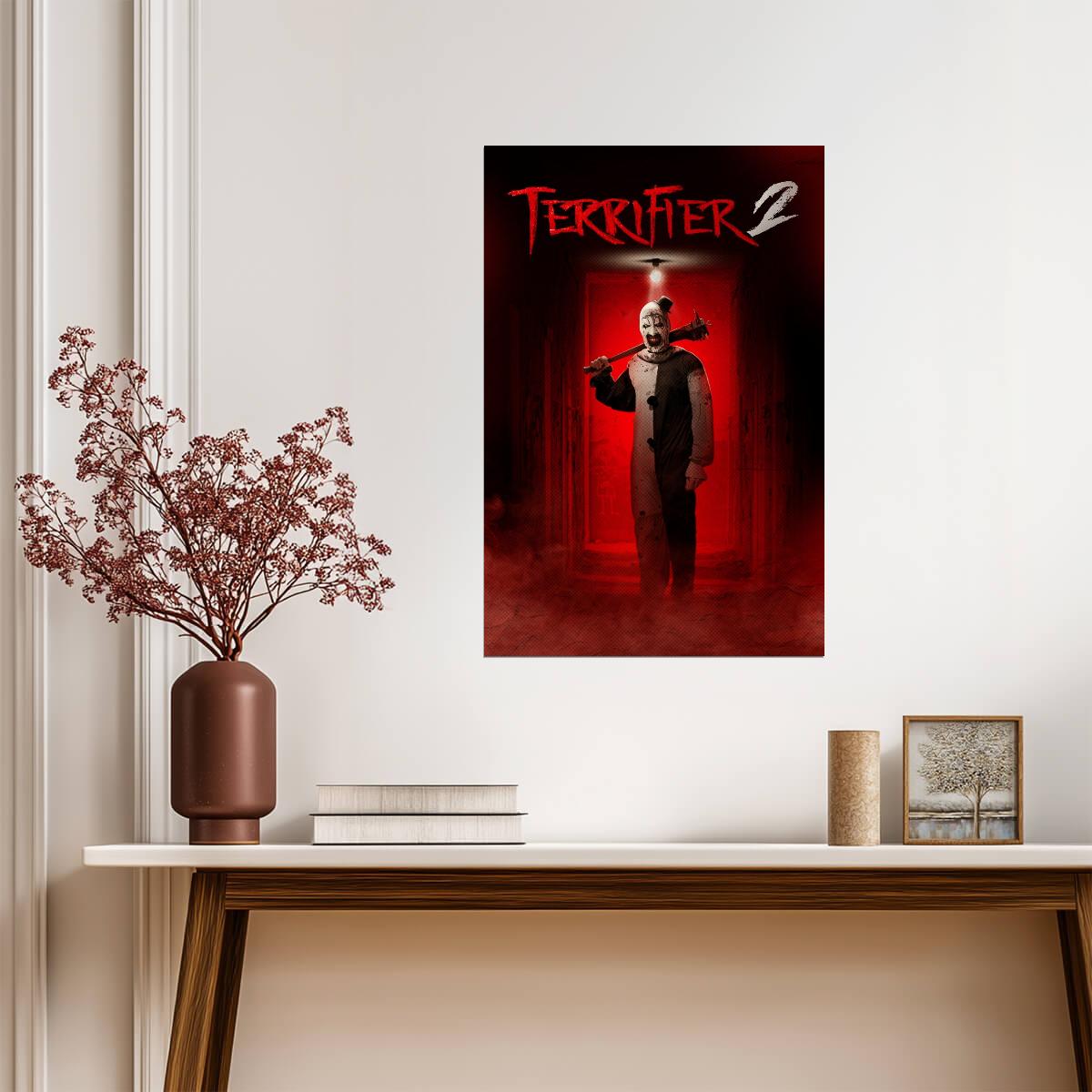 Terrifier 2 Movie Poster | Art the Clown with a Baseball Bat in a Red Doorway - Movies & TV Poster