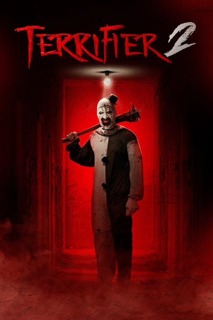 Terrifier 2 Movie Poster | Art the Clown with a Baseball Bat in a Red Doorway - Movies & TV Poster