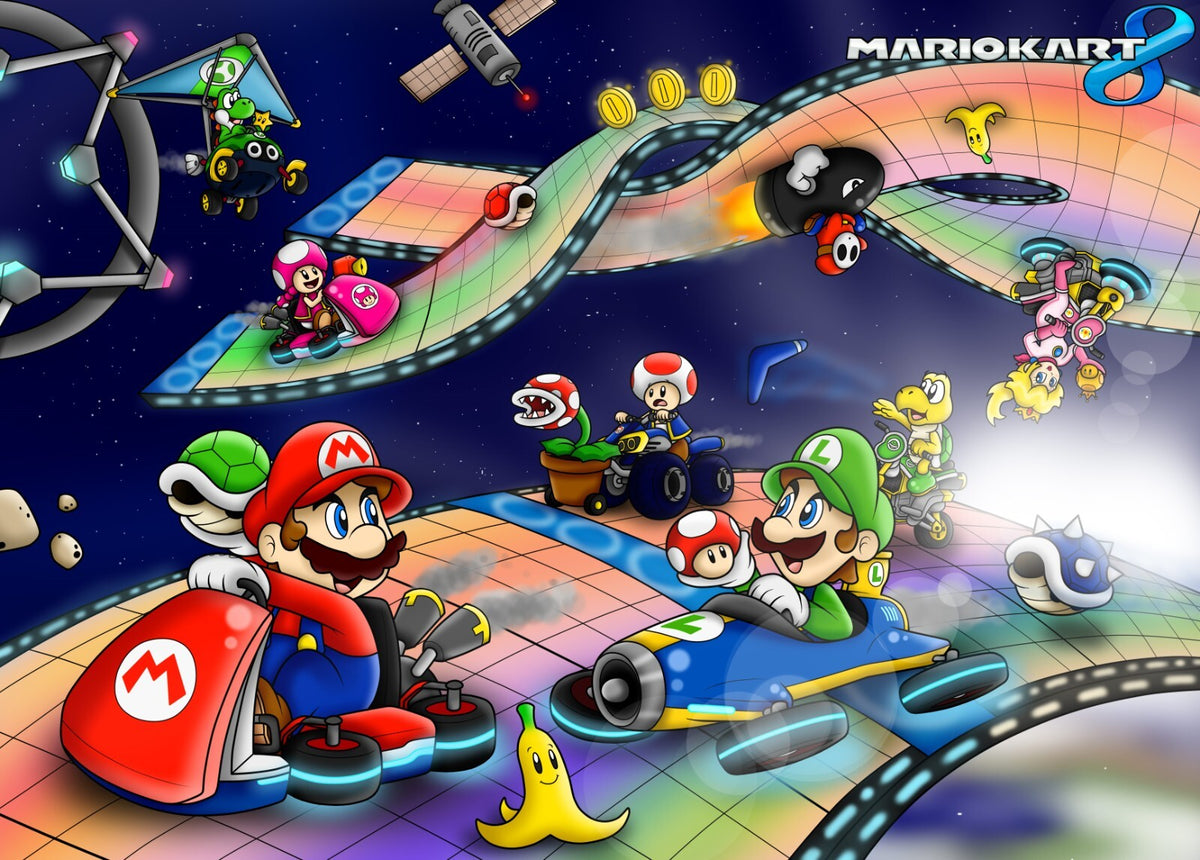 Mario Kart 8 Poster | Mario and Luigi on Rainbow Road - Video Games Poster