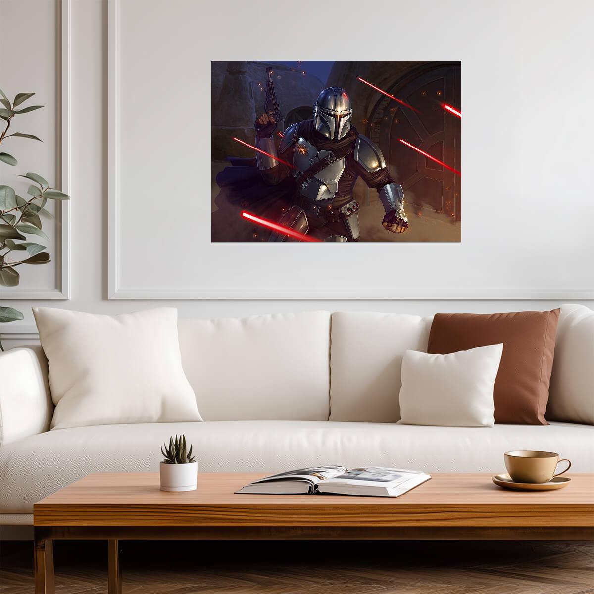 The Mandalorian TV Series Poster | Din Djarin under Blaster Fire - Movies & TV Poster