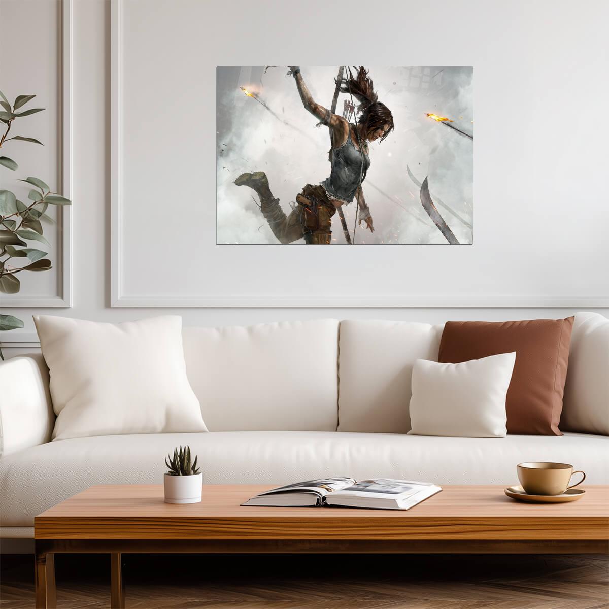 Tomb Raider Poster | Lara Croft Scaling a Cliff Amid Flying Arrows - Video Games Poster