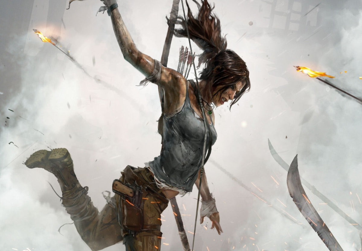 Tomb Raider Poster | Lara Croft Scaling a Cliff Amid Flying Arrows - Video Games Poster