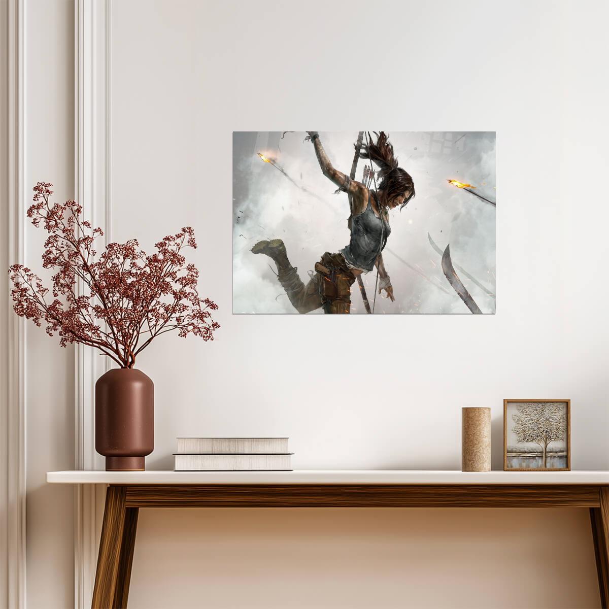 Tomb Raider Poster | Lara Croft Scaling a Cliff Amid Flying Arrows - Video Games Poster