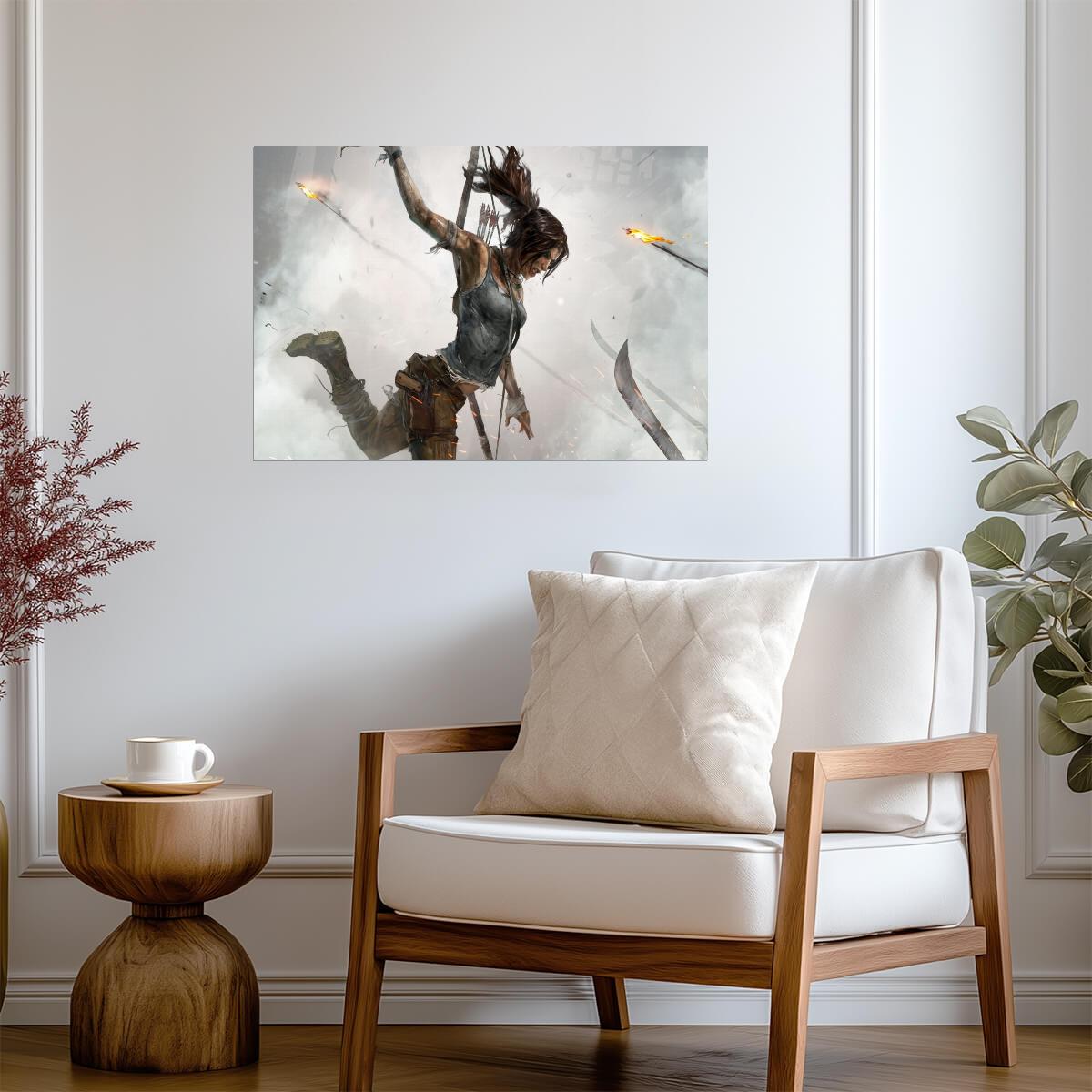 Tomb Raider Poster | Lara Croft Scaling a Cliff Amid Flying Arrows - Video Games Poster