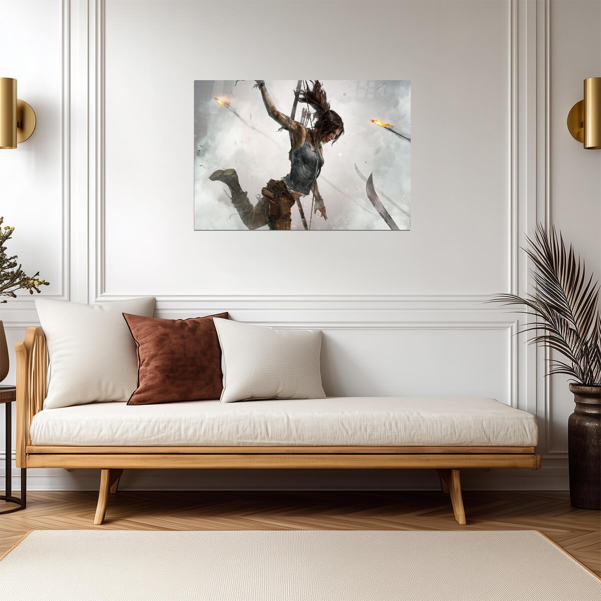 Tomb Raider Poster | Lara Croft Scaling a Cliff Amid Flying Arrows - Video Games Poster