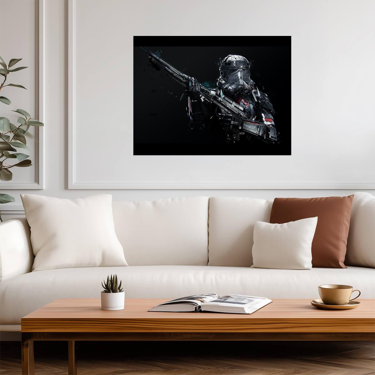 Armored Sci-Fi Soldier Art Poster | Futuristic Rifle Illustration - Graphic & Art Poster