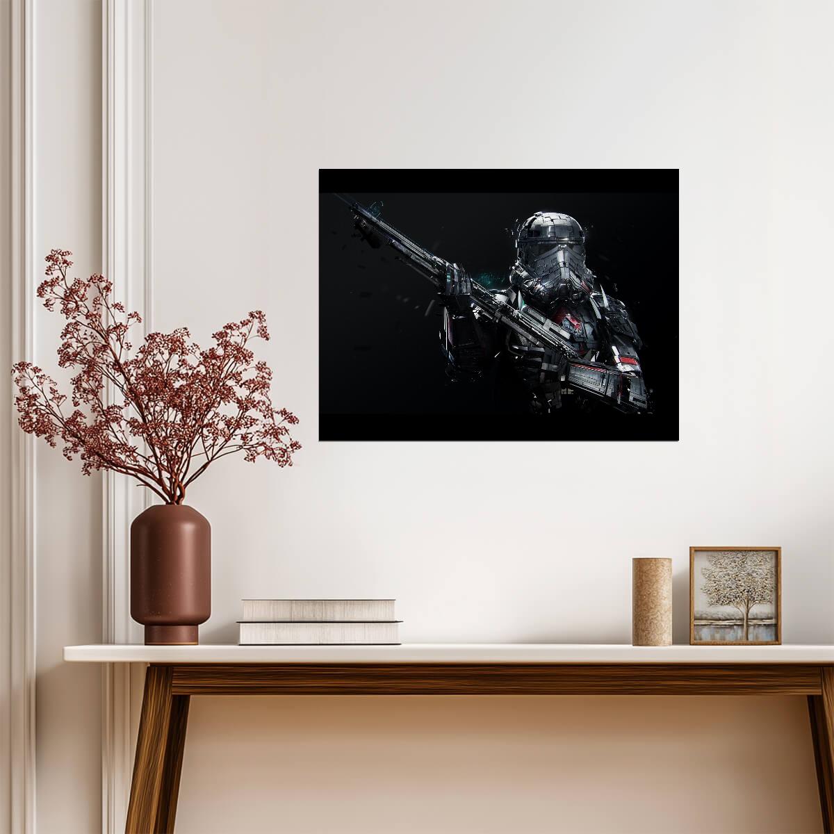 Armored Sci-Fi Soldier Art Poster | Futuristic Rifle Illustration - Graphic & Art Poster
