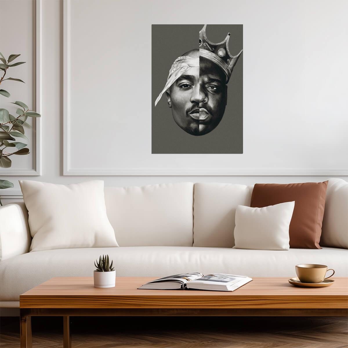 Tupac and Biggie Split Portrait Poster | Hip Hop Art Print - Music Poster