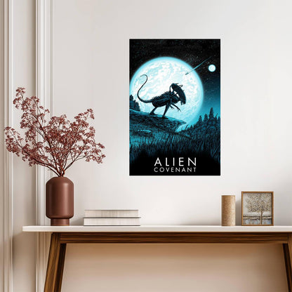 Alien Covenant Movie Poster | Xenomorph Under a Full Moon | Blue Illustration - Movies & TV Poster