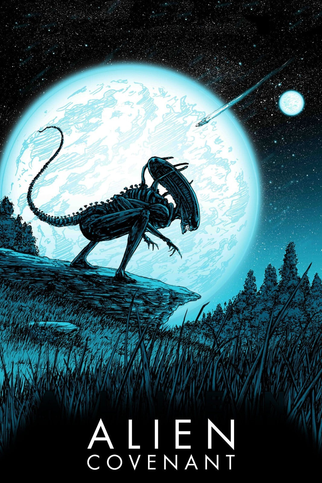 Alien Covenant Movie Poster | Xenomorph Under a Full Moon | Blue Illustration - Movies & TV Poster