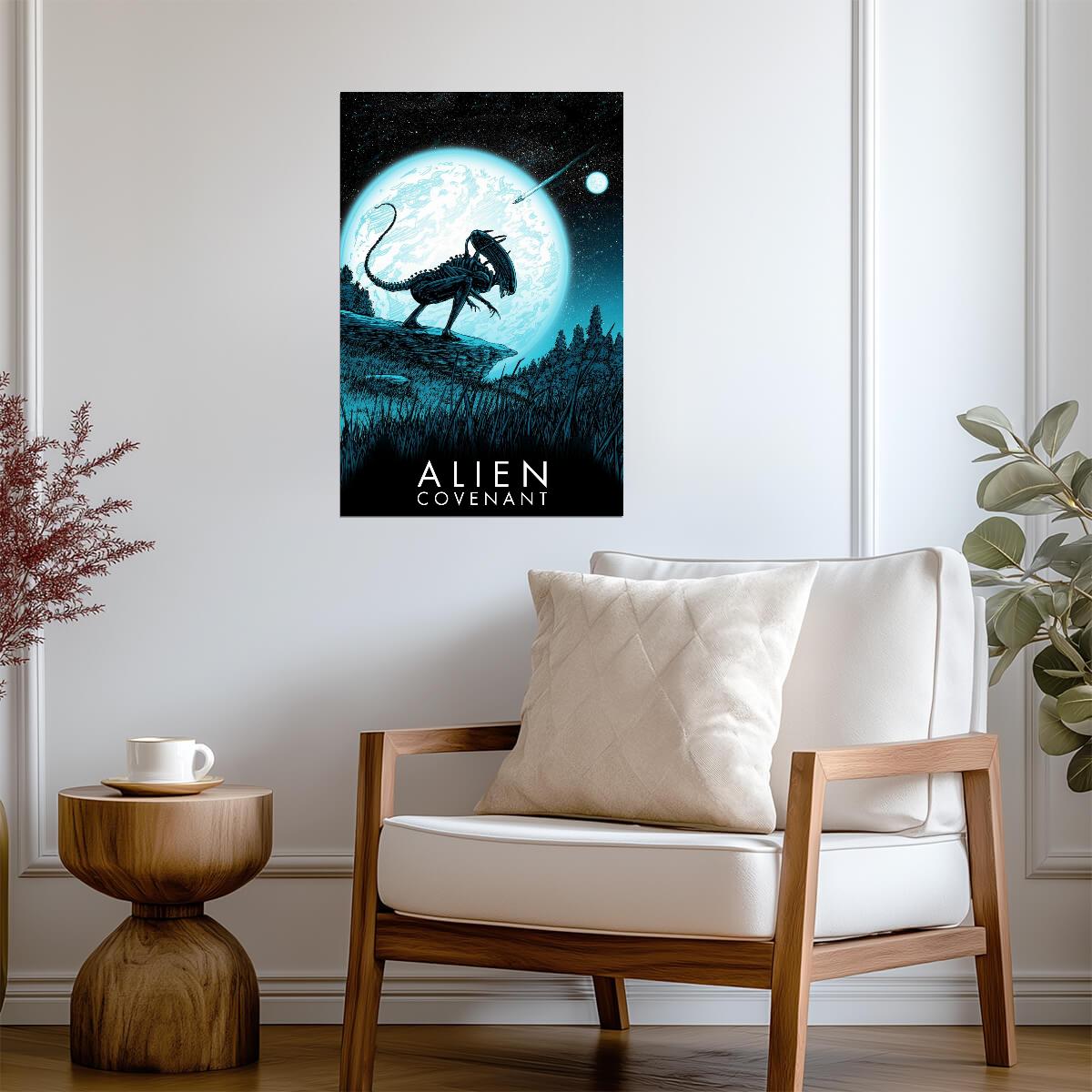 Alien Covenant Movie Poster | Xenomorph Under a Full Moon | Blue Illustration - Movies & TV Poster