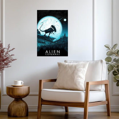 Alien Covenant Movie Poster | Xenomorph Under a Full Moon | Blue Illustration - Movies & TV Poster
