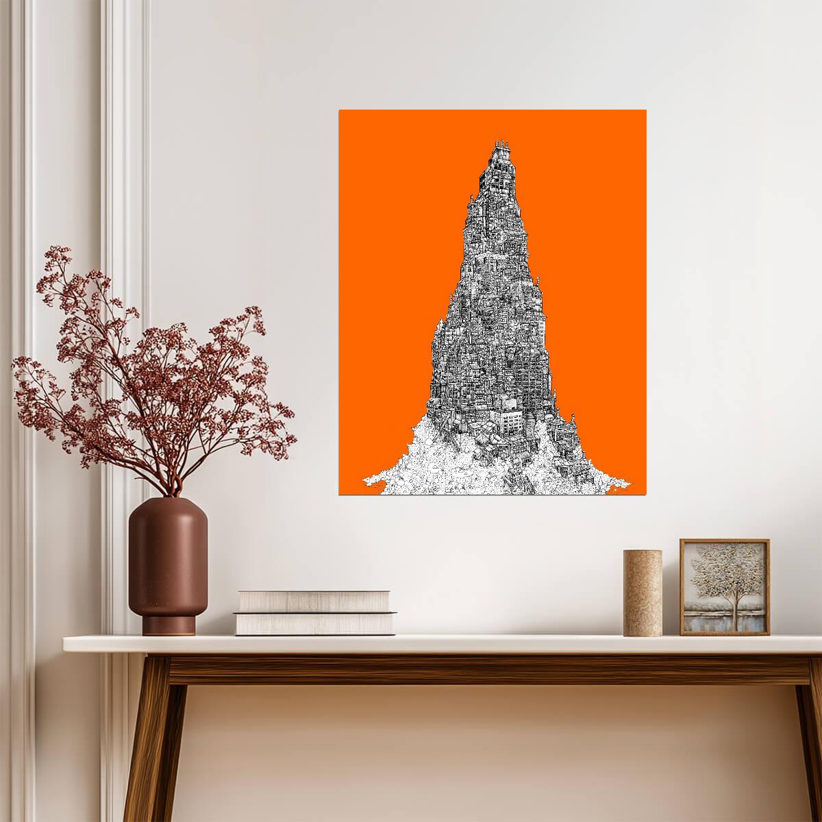 Stacked City Buildings Poster | Orange Architectural Illustration - Graphic & Art Poster