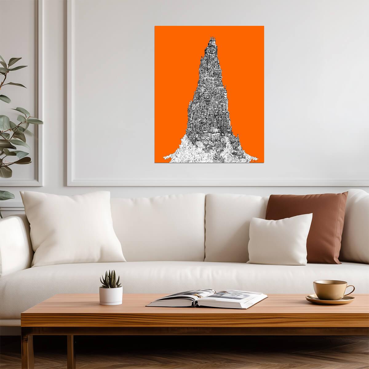 Stacked City Buildings Poster | Orange Architectural Illustration - Graphic & Art Poster
