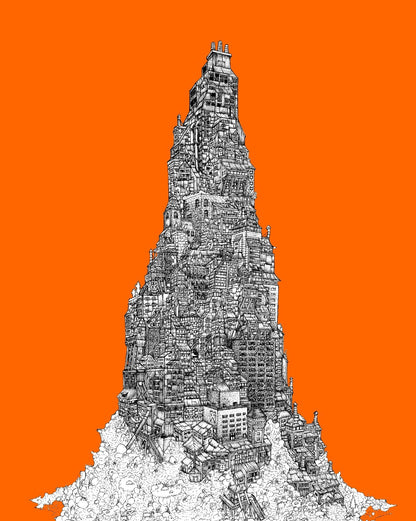 Stacked City Buildings Poster | Orange Architectural Illustration - Graphic & Art Poster